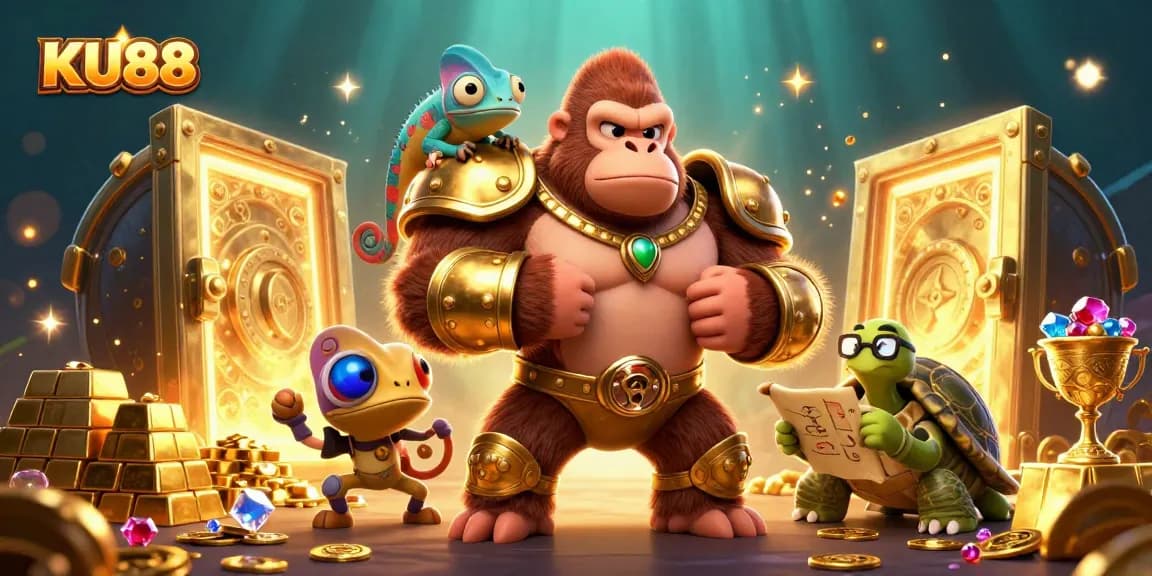 Spin the reels at KU88 with dazzling treasures and dynamic characters in an engaging online casino scene