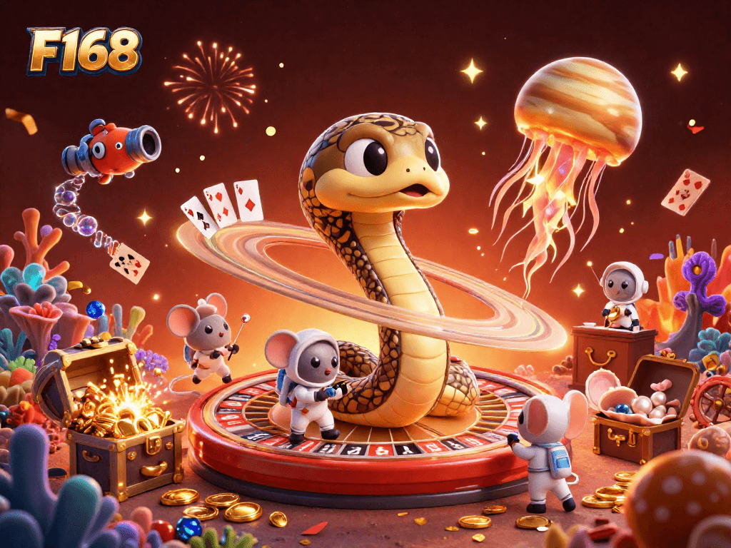 Experience gambling excitement at F168 with cartoon Saturn snake and astronaut mice betting in cosmic scene