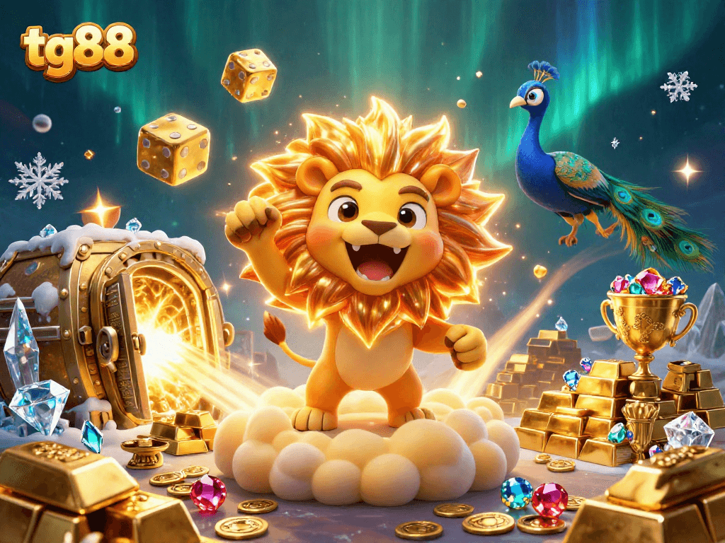 Experience exciting gameplay with tg88's lion mascot and golden dice amidst a treasure-filled casino.