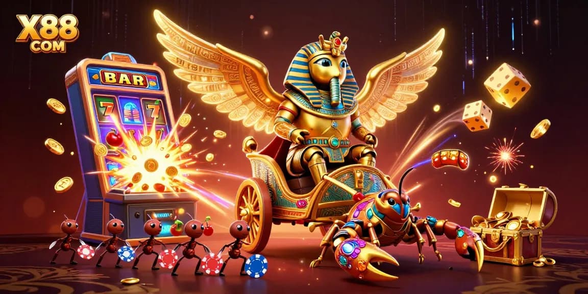 Experience thrilling gaming with X88 COM's vibrant 3D illustration of a casino adventure.