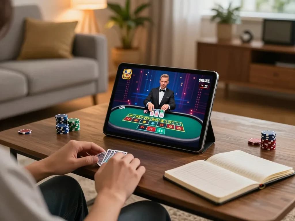 Player enjoys a live dealer game at home with link cf68 displayed on tablet, blending strategic betting with immersive entertainment.