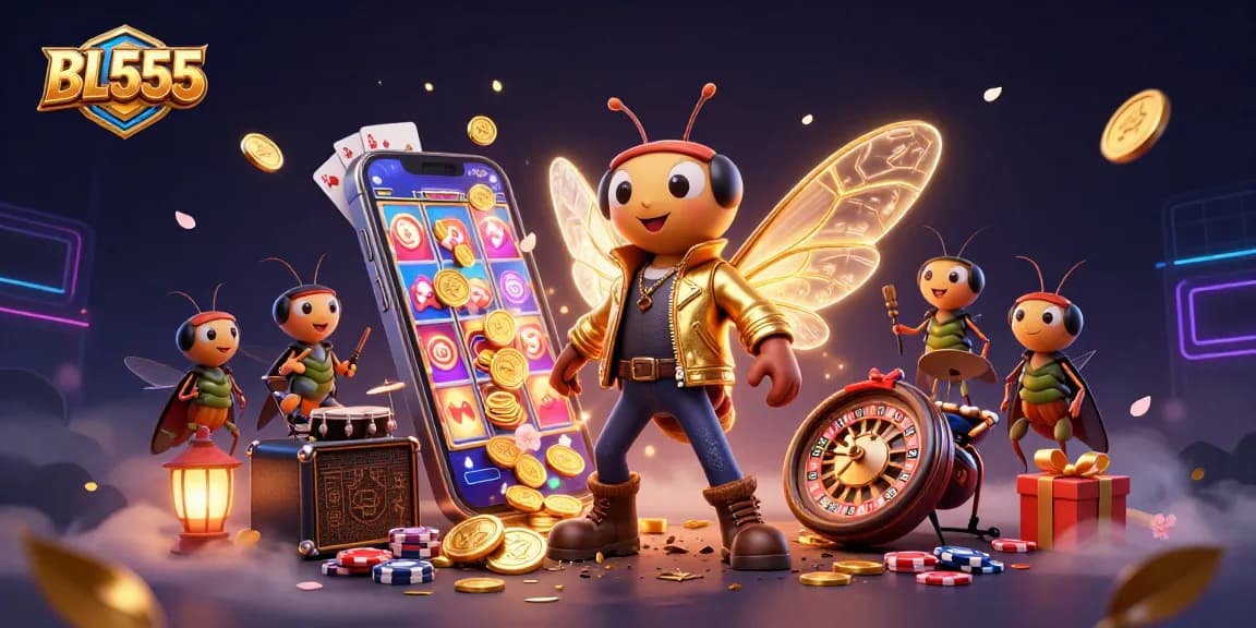 Engage with the electrifying BL555 gaming scene showcasing vibrant characters and dynamic casino elements.