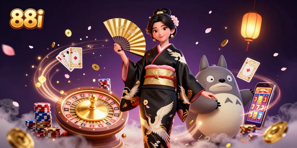 Experience winning moments with 88i as colorful poker chips and coins cascade around ladies in vibrant casino setting.