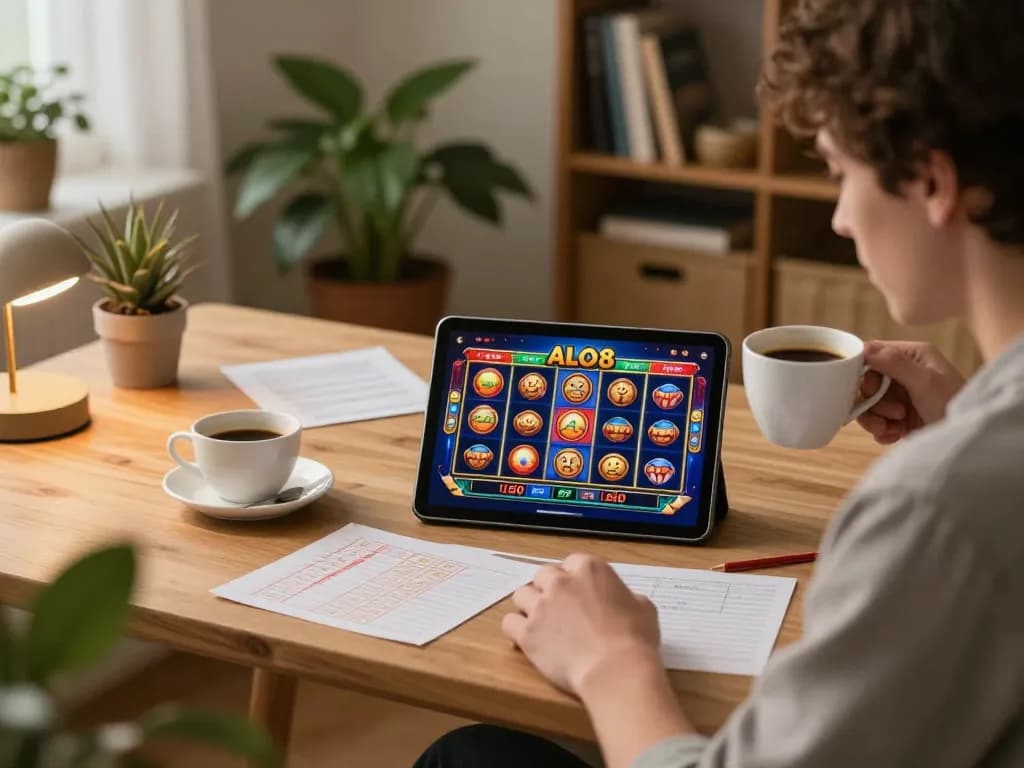 Engaging online gameplay of ALO8 casino game on a tablet in a cozy home setting, reflecting strategic betting.