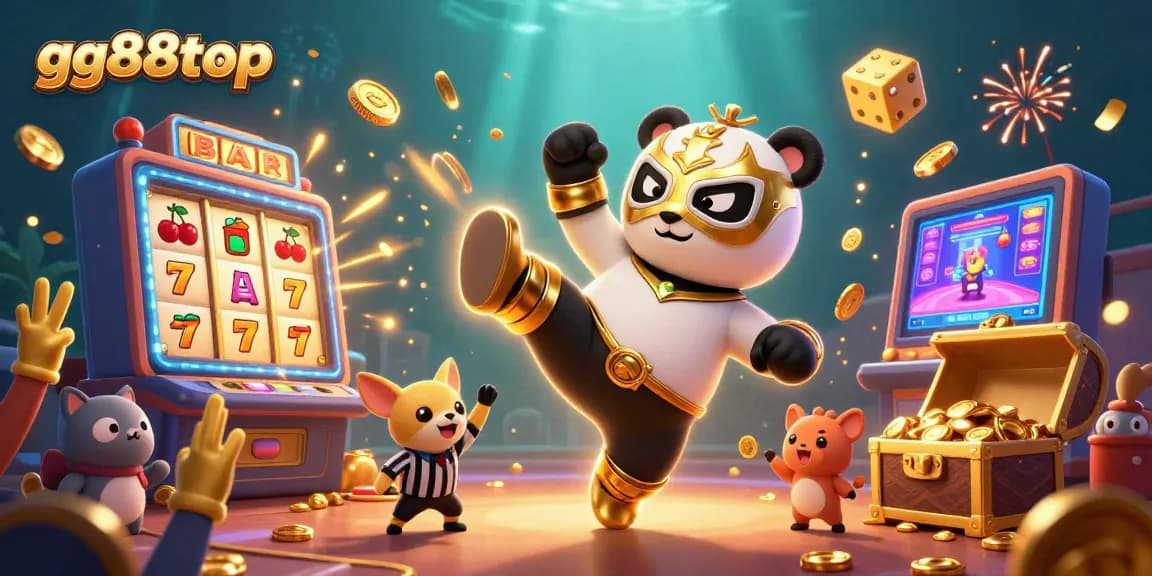 Experience the excitement of gg88top with a dynamic scene featuring a panda wrestler and vibrant casino elements.