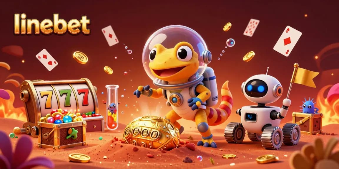 Experience thrilling casino action with linebet's Martian gecko uncovering gold in a vibrant 3D scene.