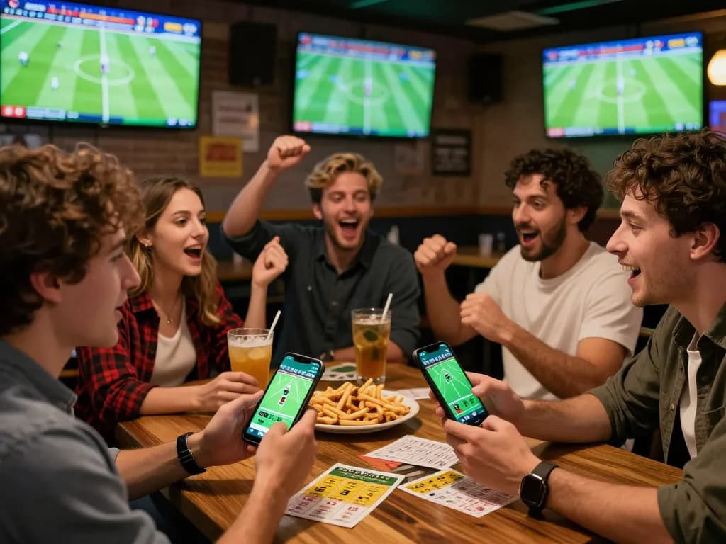 Bongdalu users engaging in real-time sports betting while watching live football matches at a lively sports bar.