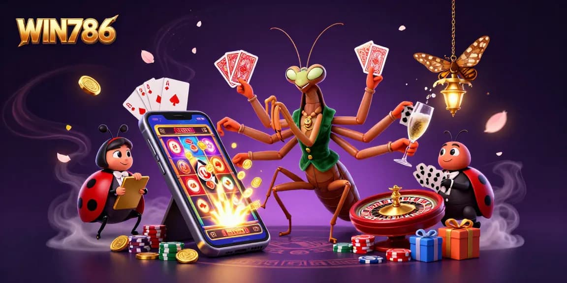 WIN786 showcases a vibrant casino scene with a giant mantis card sharp and immersive gaming elements.
