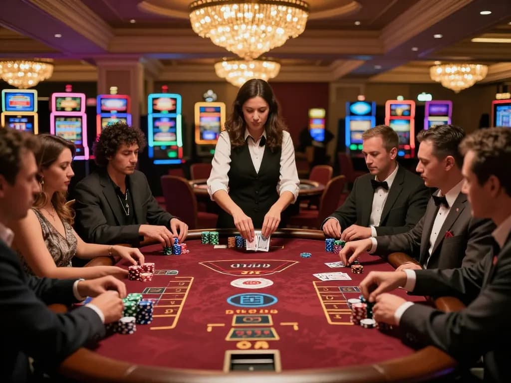 mb66 players engaged at blackjack table with vibrant casino atmosphere and excitement
