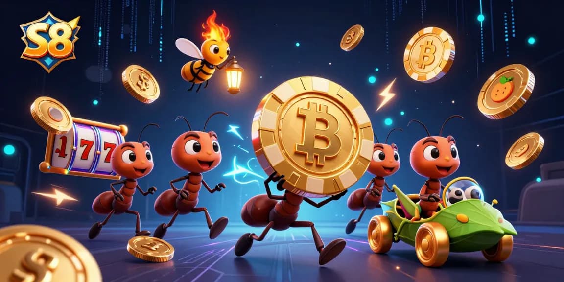 Engage in the thrilling escape of ants carrying a giant poker chip, showcasing S8 action in a 3D casino heist scene.