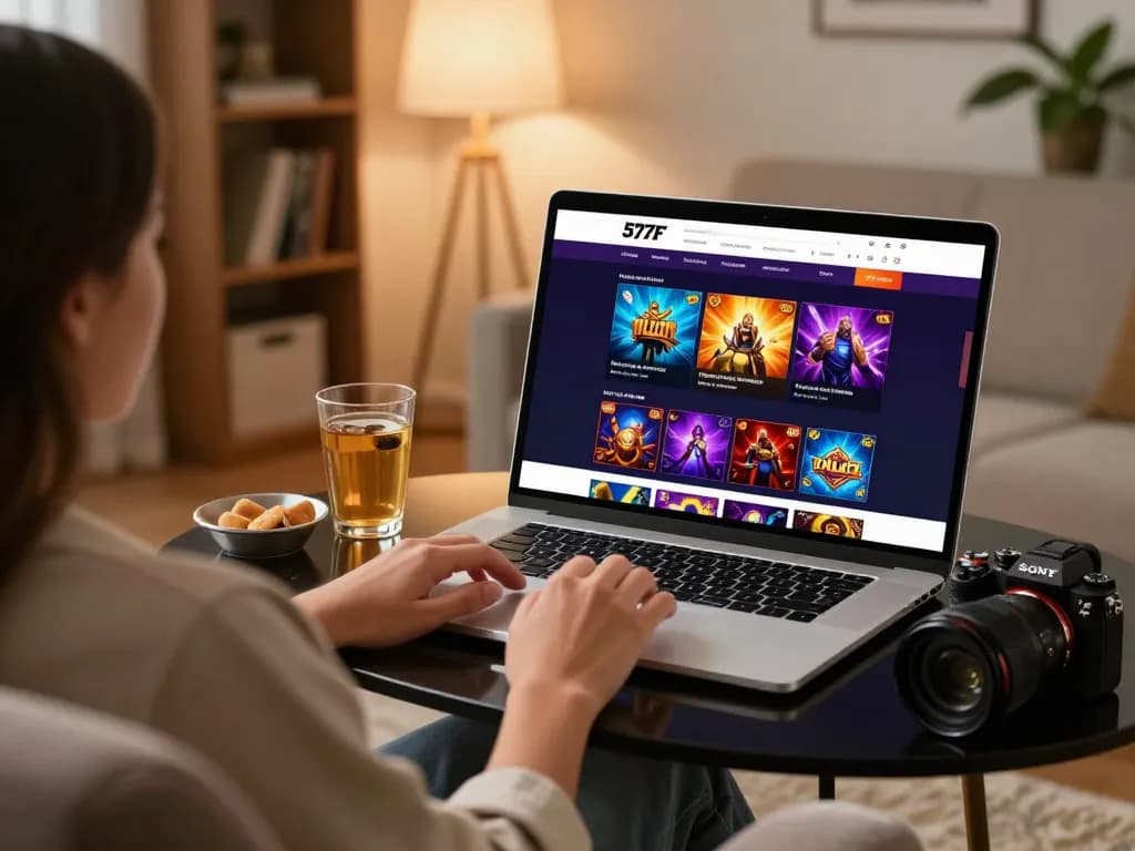 Player engaging with 577F online casino on a stylish laptop, showcasing vibrant game options in a cozy home setting.