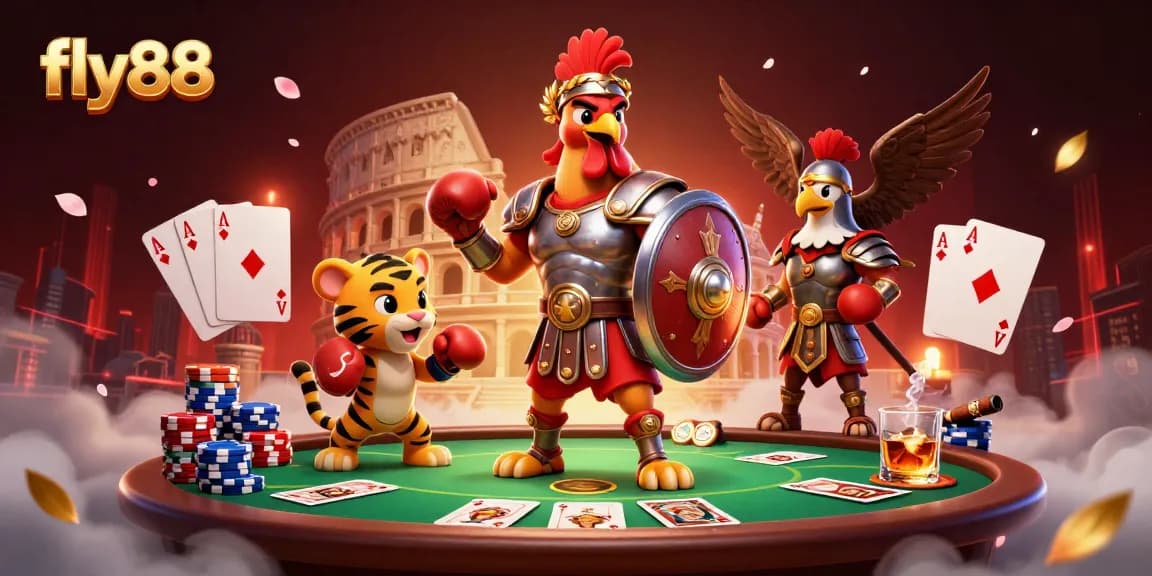 Experience thrilling games at fly88 with a 3D illustrated gladiator rooster amidst poker excitement.