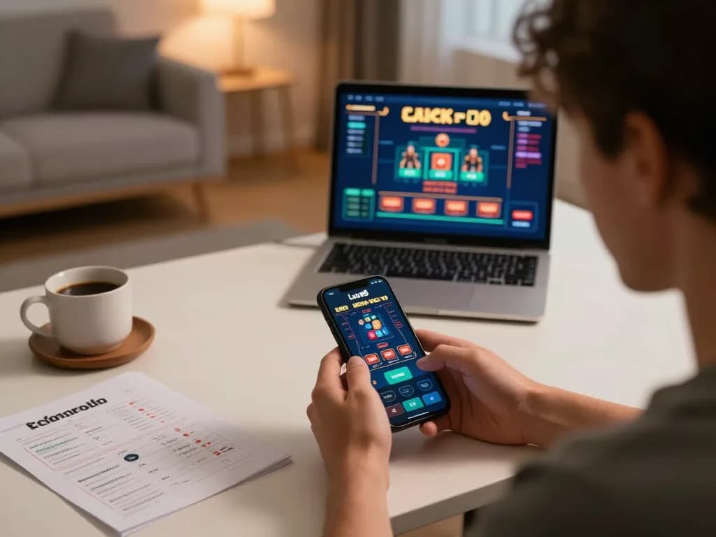 Engaging with the Luck8 app on a smartphone in a cozy home setting during online gambling.