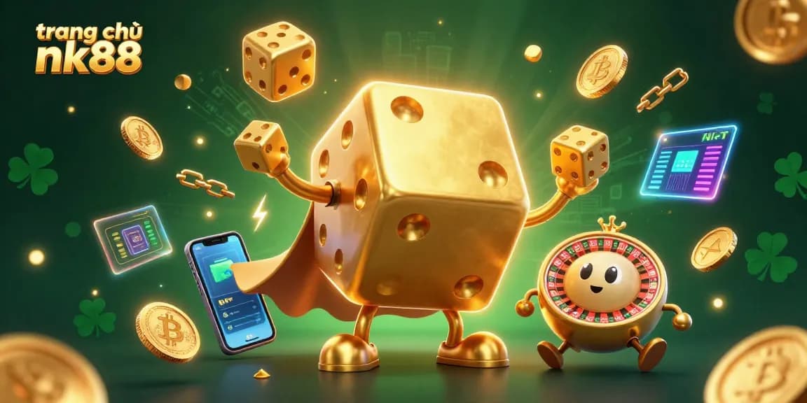Engage with the vibrant world of trang chủ nk88 showcasing a 3D dice golem juggling winnings while exploring cryptocurrency elements.