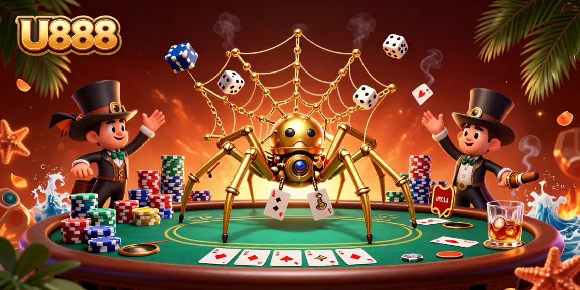 U888 offers a vibrant gambling experience with a steampunk spider weaving a web of poker chips and dice.