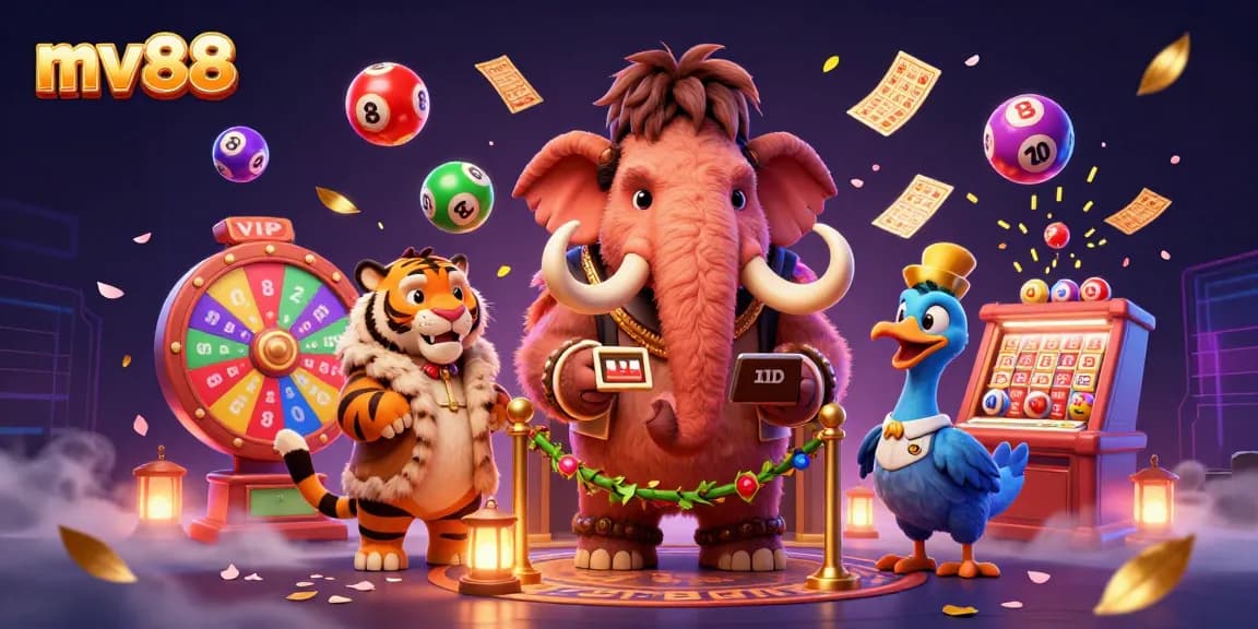 Experience mv88’s vibrant casino scene with dynamic lottery games and luxurious characters in a dazzling 3D illustration.