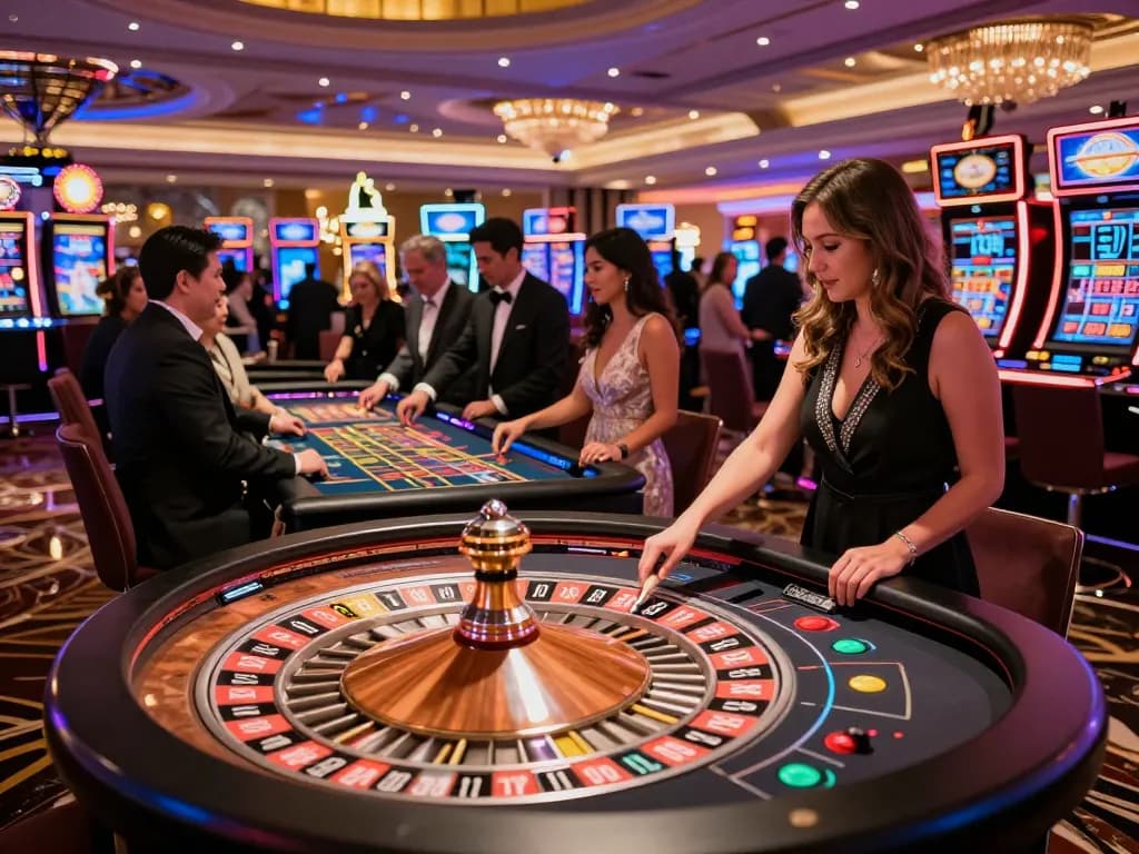 Players engaged in betting at a roulette table in 13Win's lively casino atmosphere