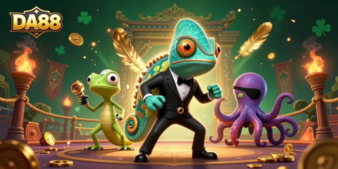 Engage in winning strategies with DA88 at an electrifying gambling showdown featuring a secret agent chameleon.