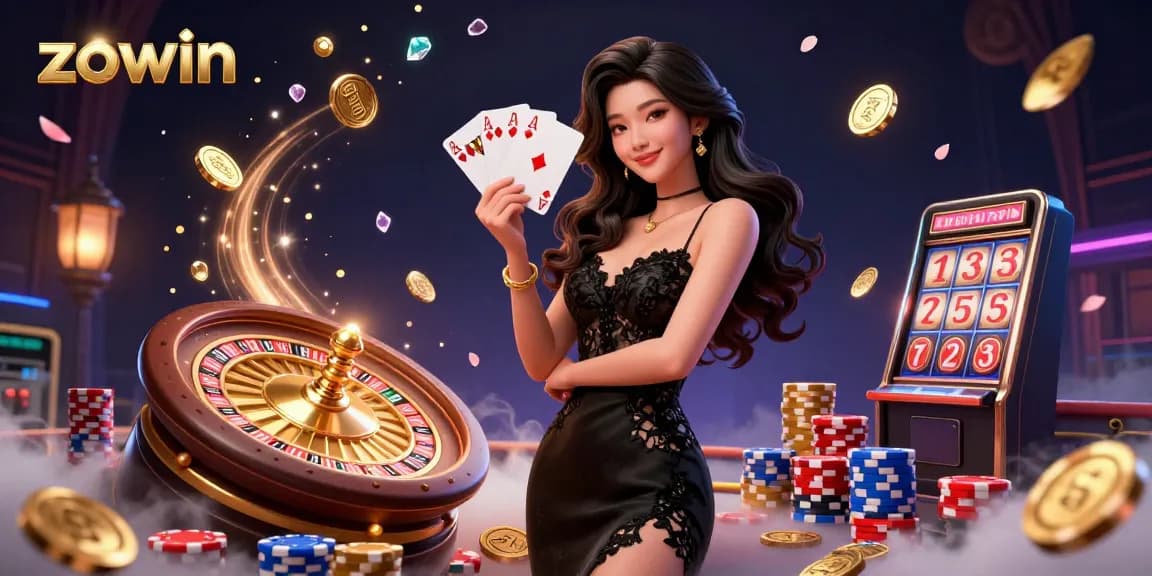 Play and win big with Zowin, featuring an elegant casino scene and stunning slot machine action.