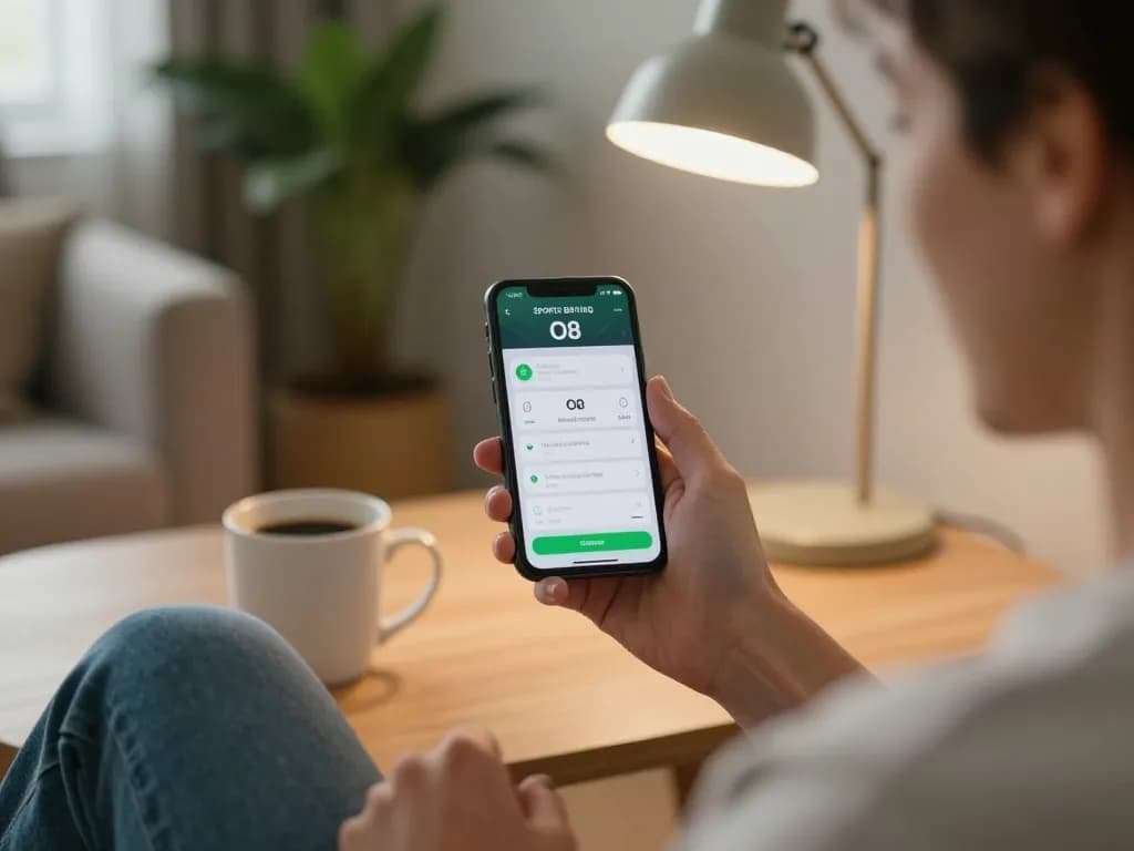 O8 betting app user excitedly placing a wager in a cozy home setting