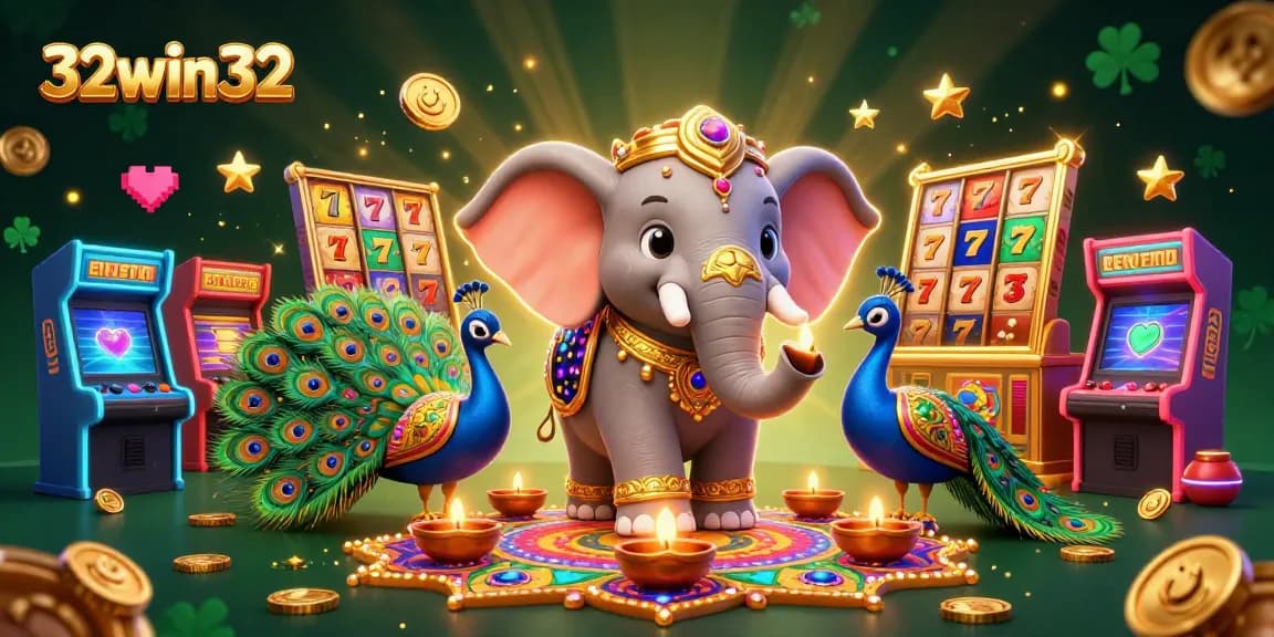 Engage with 32win32’s thrilling slots with a colorful casino-themed illustration featuring captivating elements.