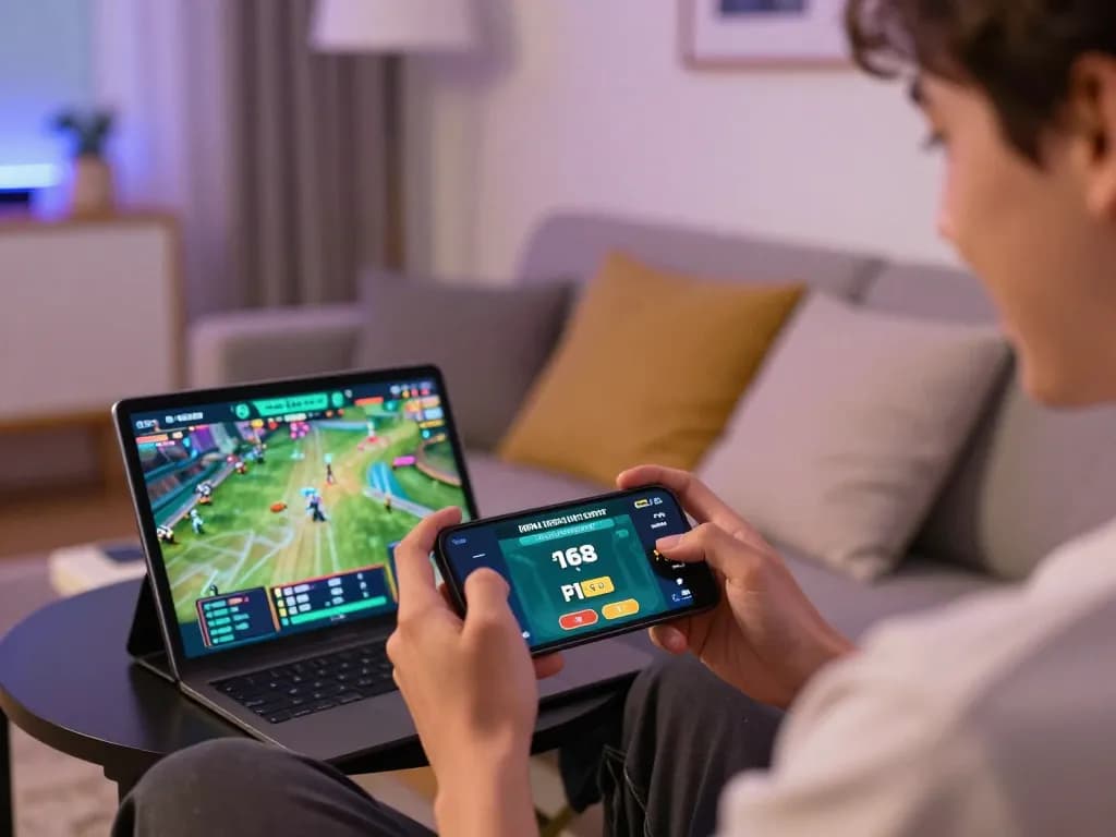 Player betting on F168 using smartphone in a stylish home setting, showcasing excitement