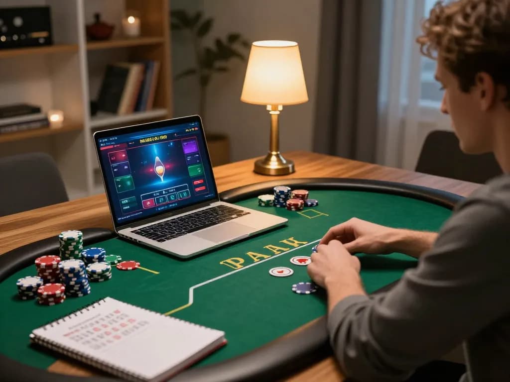 Engaged player exploring 99ok online casino poker game on laptop at home.