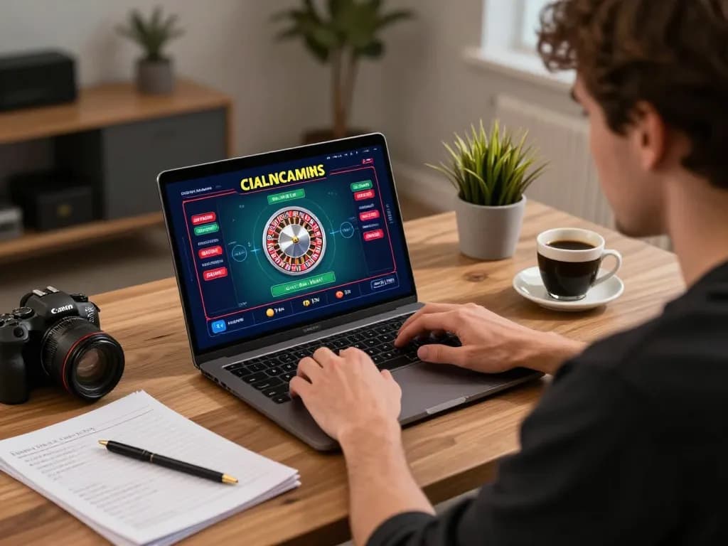Gamer using 13win casino app on laptop for strategic gameplay at home.