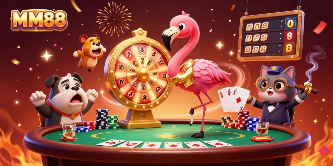 Experience the excitement of MM88's gaming scene with a colorful 3D illustration featuring a flamingo host, bulldog contestant, and prize wheel.