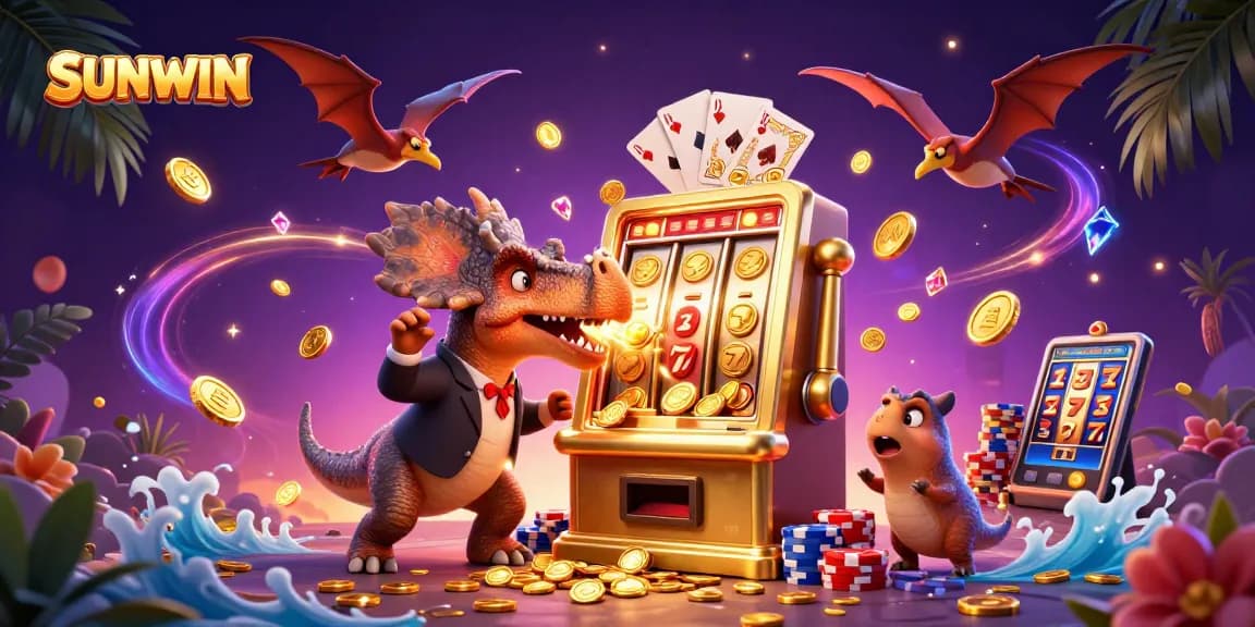 SUNWIN celebrates jackpot wins with an epic showdown featuring cartoon dinosaurs and casino elements.
