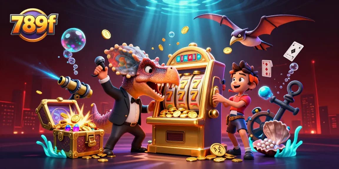 Experience thrilling 789f gameplay with a cartoon dinosaur celebrating jackpot wins in a vibrant casino atmosphere.