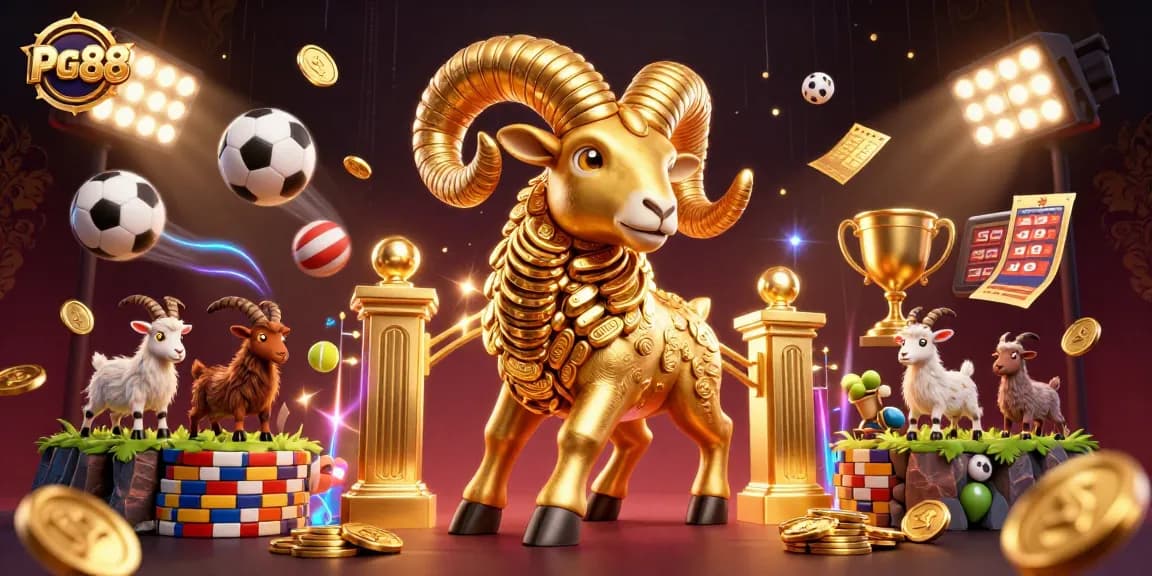 Experience PG88's thrilling world with a massive golden ram charging through a dynamic casino scene filled with sports elements.