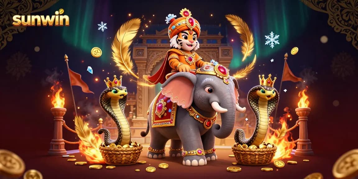 Experience the excitement at sunwin with a vibrant 3D casino scene featuring a majestic maharaja and elephant.