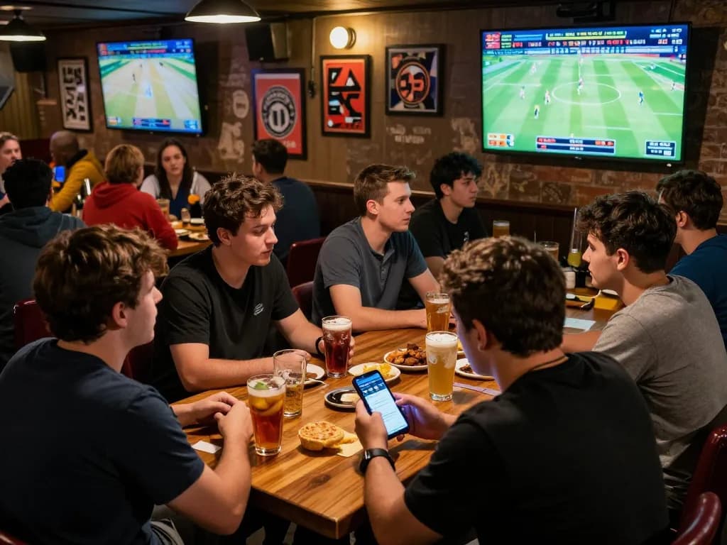 Fans engaging in sports betting with the lc88 app displayed on a smartphone in a vibrant sports bar.