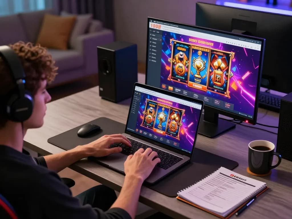 Engaging in casino games on 188bet platform with laptop and strategy notes at home.