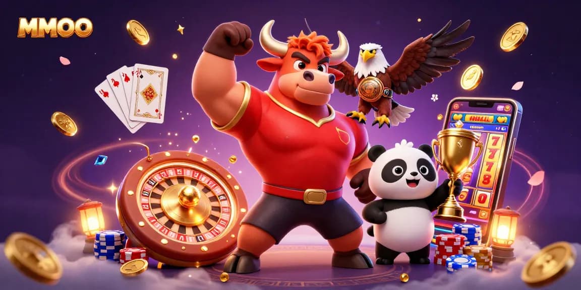 MMOO showcases a dynamic casino victory scene with a triumphant bull mascot, eagle, and panda amidst playful gambling elements.
