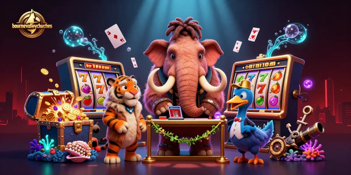 Explore top gambling fun at bournevalleychurches with a vibrant casino scene featuring cartoon characters and slot games.