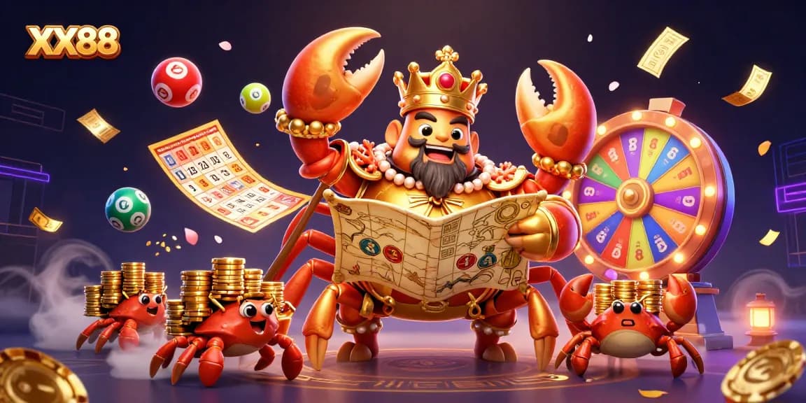 Get ready to win with XX88 in this lively casino-themed illustration featuring a golden crab emperor.