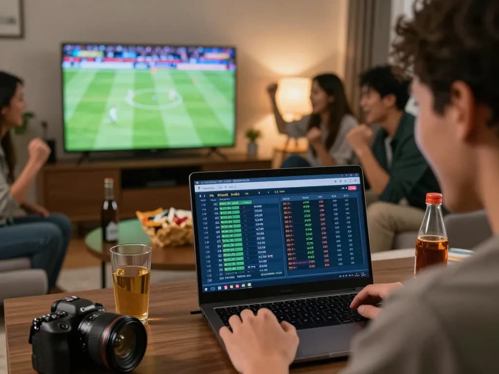 Person analyzing kèo nhà cái odds during a live football match at home, engaged and excited