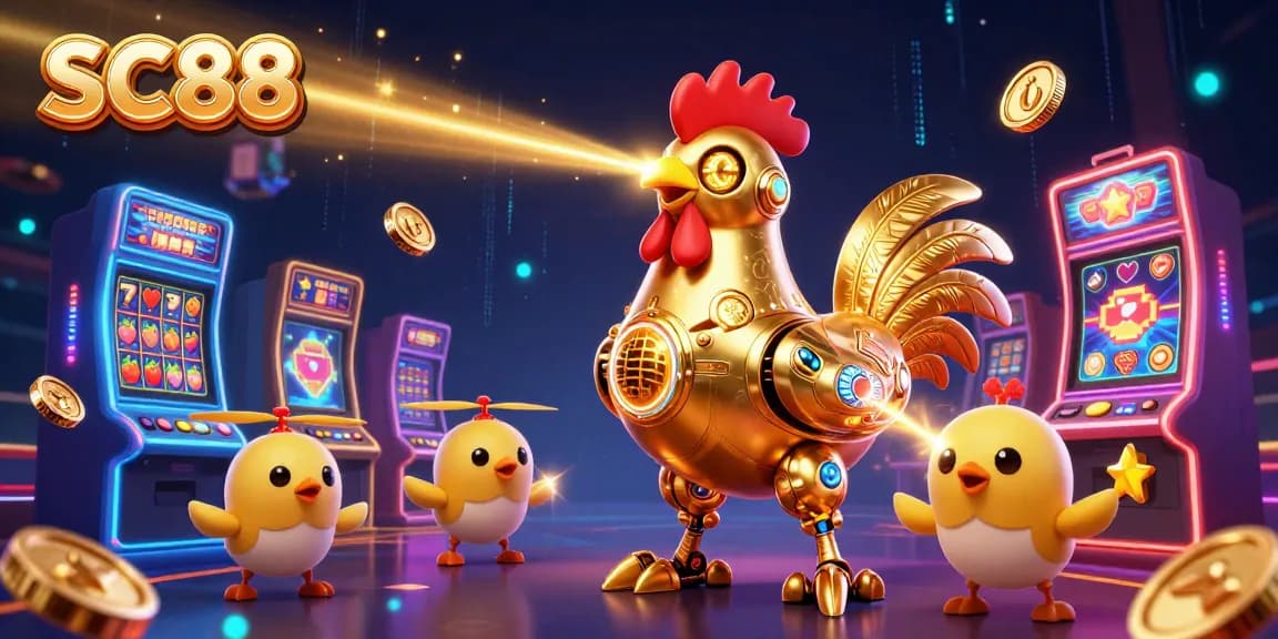 Engage in SC88 gaming adventure with the golden rooster robot and chick drones amidst vibrant casino elements.