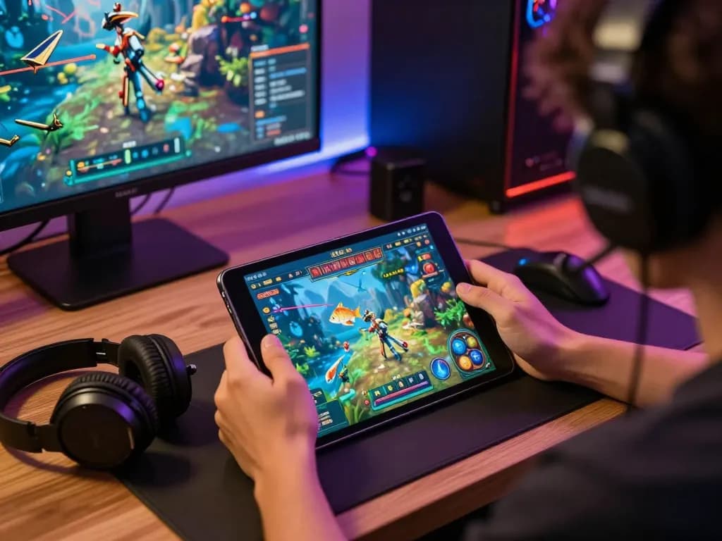 Bắn cá đổi thưởng gameplay displayed on a tablet, showcasing vibrant fish and weapons in action.
