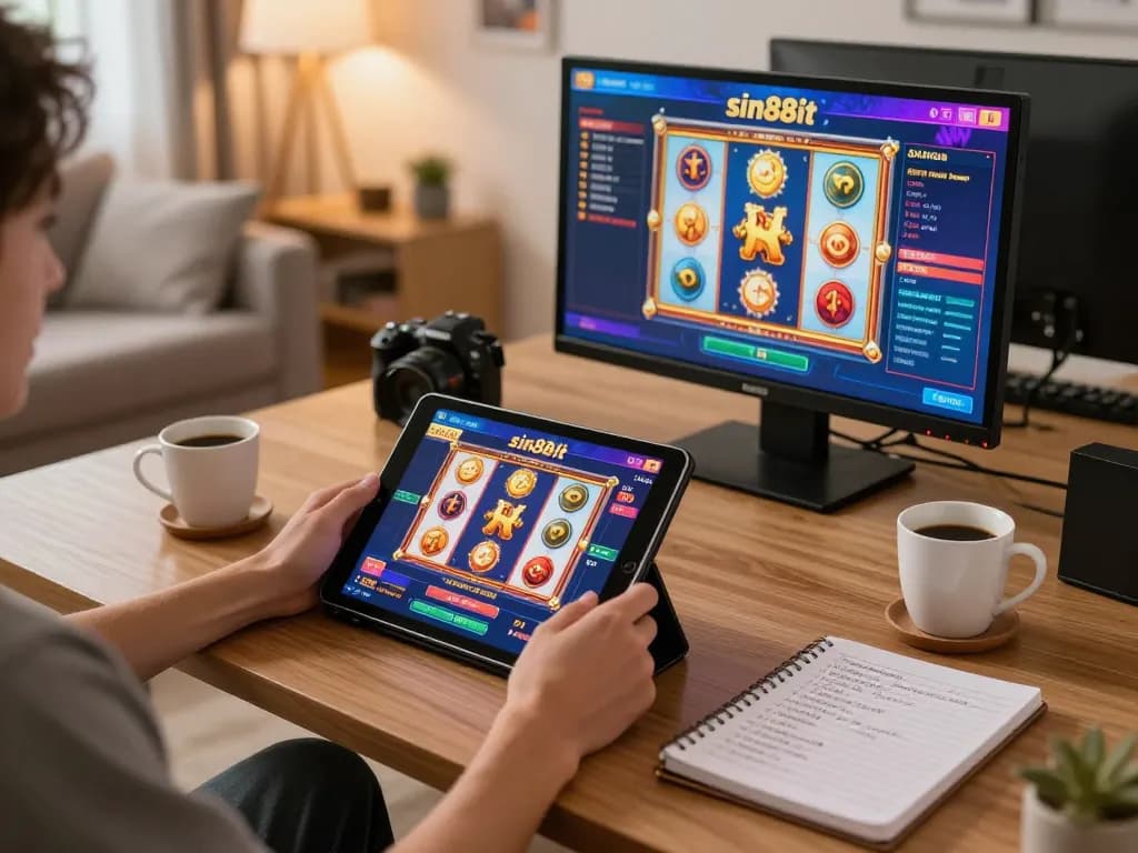 Person enjoying online gambling experience with sin88it on tablet in cozy living room.