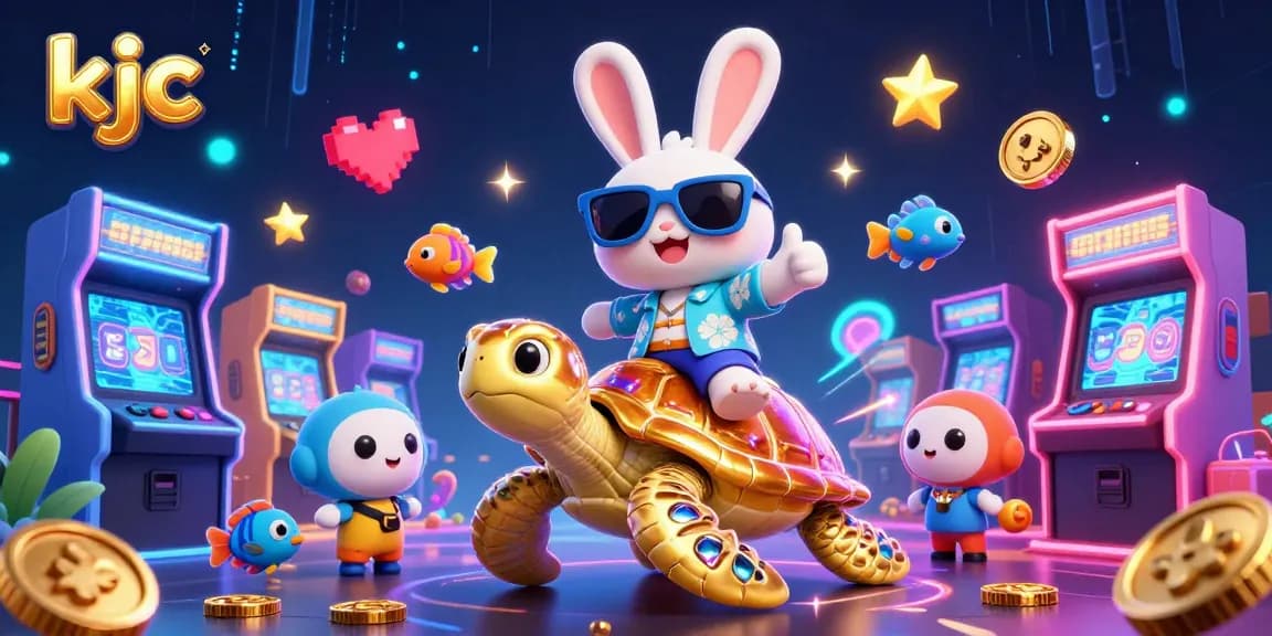 KJC presents a thrilling gambling experience with a lucky rabbit and golden turtle amidst vibrant casino elements.