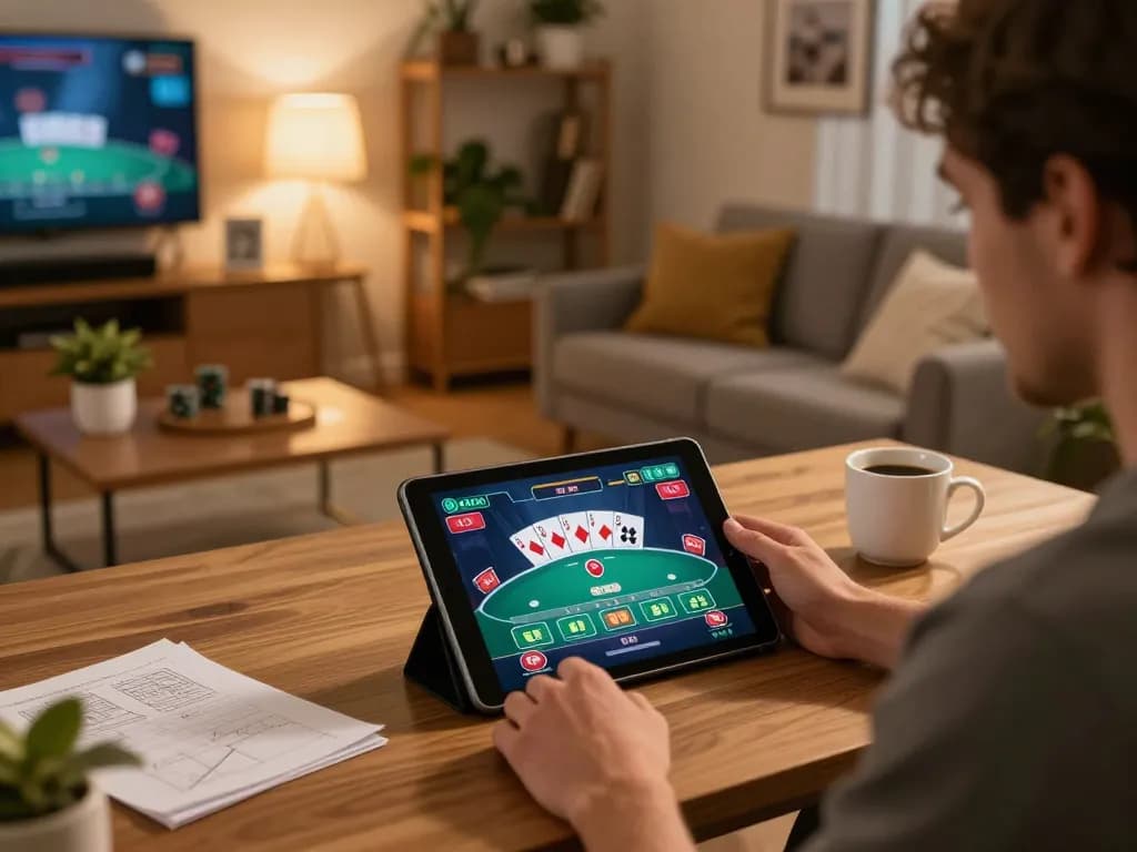 Engaging in online poker at home with Nhà cái ok8386 visible on the tablet screen, capturing a strategic gaming moment