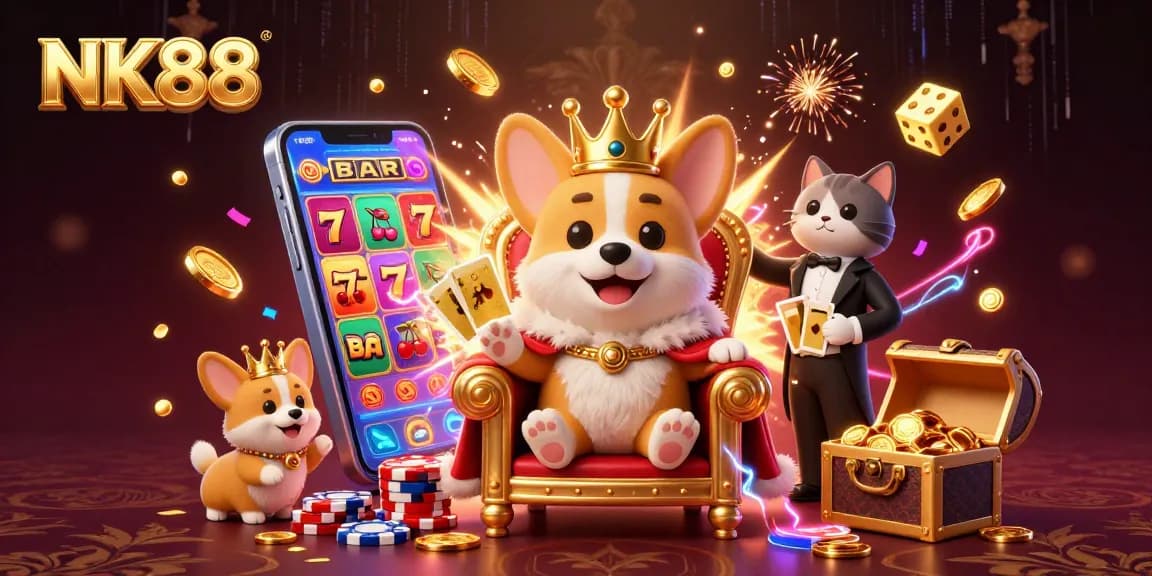 Experience thrilling wins at NK88 with a vibrant scene featuring a royal corgi and engaging casino elements.