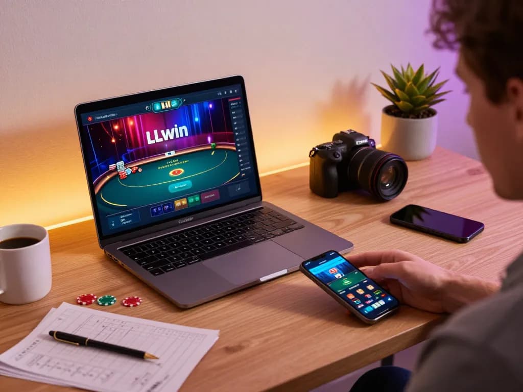 Engaging in online poker gameplay on LLwin’s platform with a smartphone at a stylish home office.