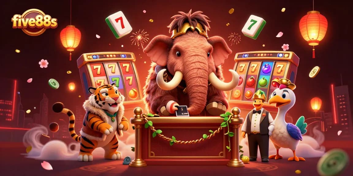 Experience the excitement of five88s with a vibrant 3D casino scene featuring a woolly mammoth bouncer and a saber-tooth tiger VIP.
