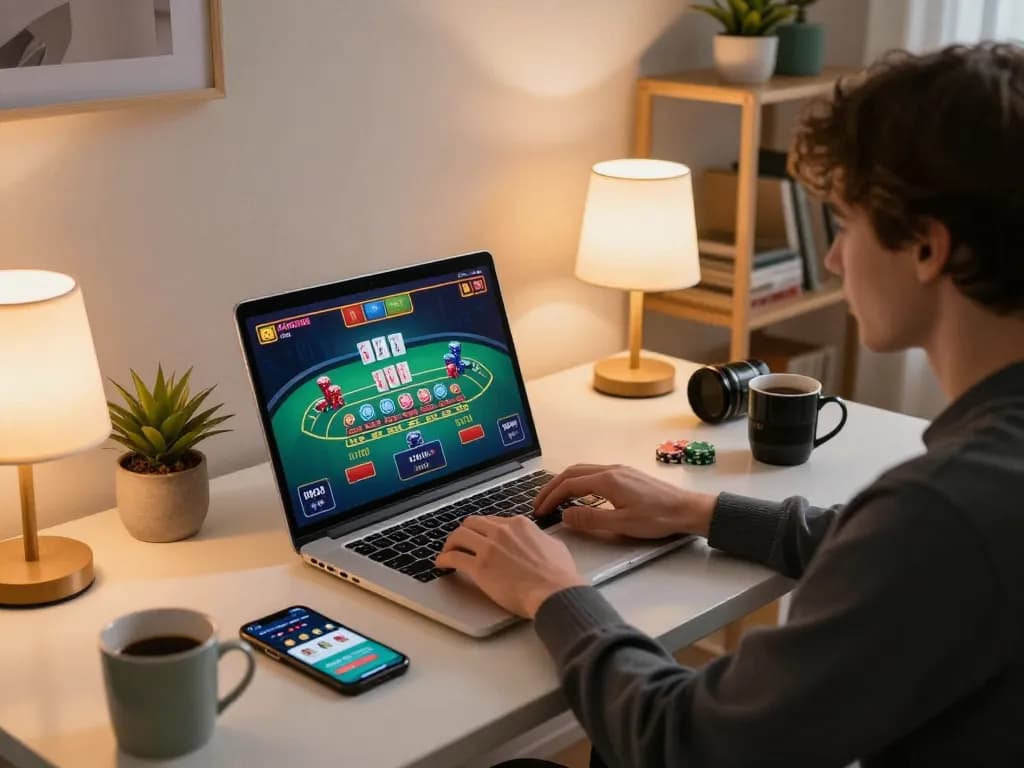 Engaging in online gaming on a laptop at home while exploring incakoin strategies for better odds