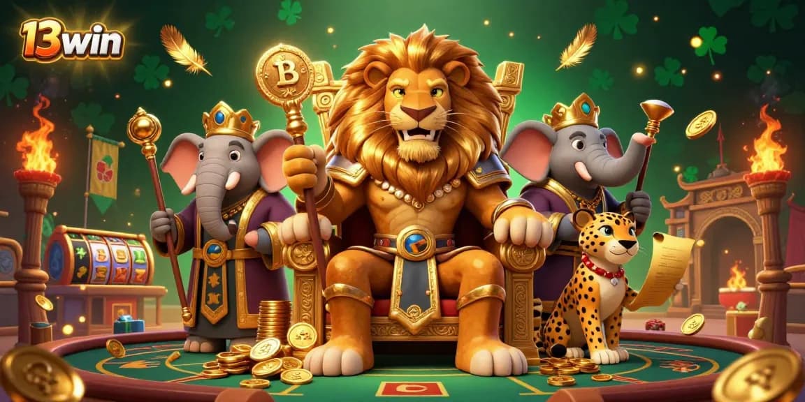 Join the excitement at 13win with a vibrant casino scene featuring a lion king, elephant advisor, and cheetah messenger.