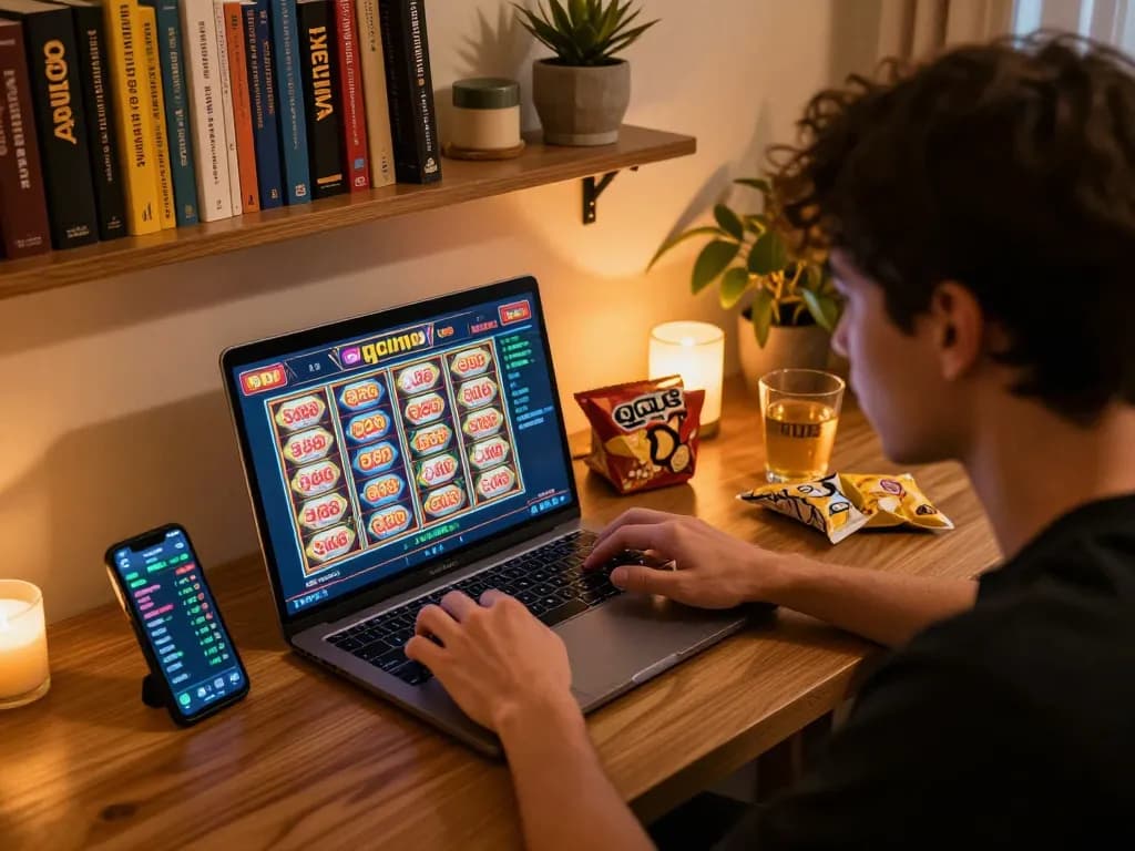 Engage with QQ88 slot games on a cozy home gaming setup with a laptop and smartphone